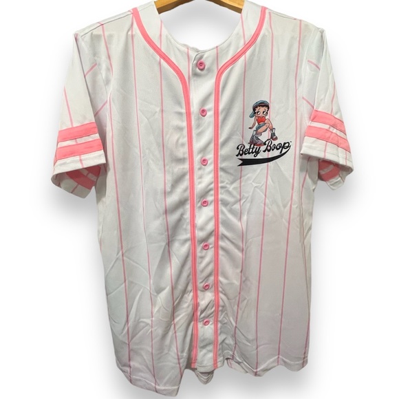 Betty Boop Pinstripe Button Up Baseball Jersey Pink White Stripe Medium NEW - Picture 5 of 5